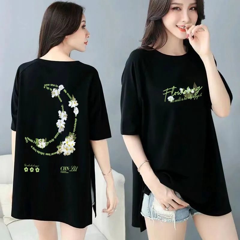 韓版寬鬆印花中長款兩邊開叉短袖T恤-Cicimode