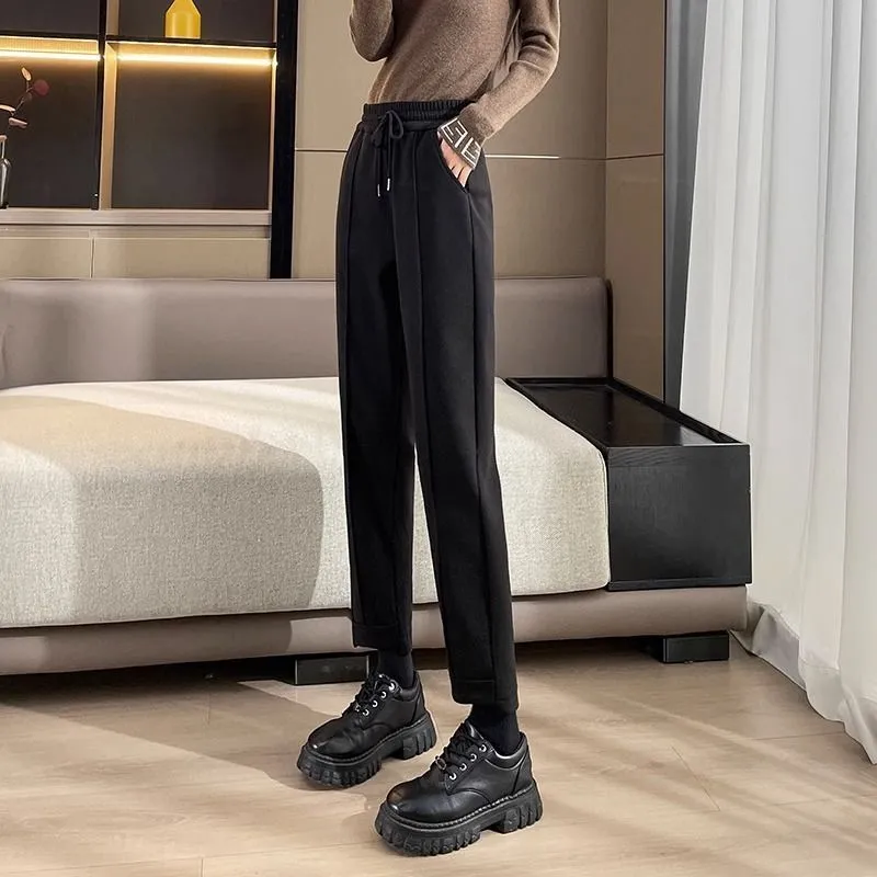 高腰顯瘦寬鬆刷毛加厚毛呢哈倫褲-Cicimode