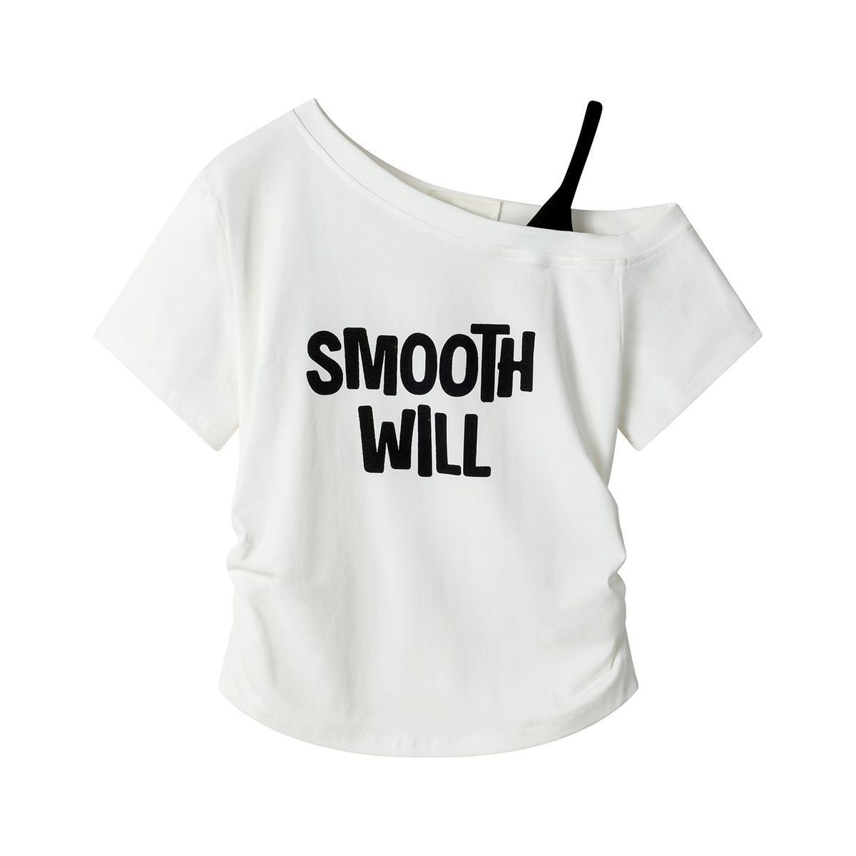 假兩件斜肩露肩洋氣收腰顯瘦印花短袖T恤-Cicimode