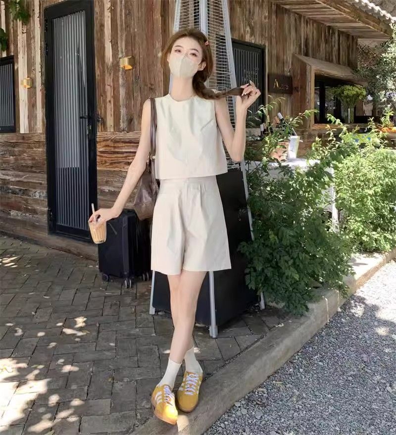 簡約休閑寬松背心上衣高腰闊腿短褲夏季兩件套