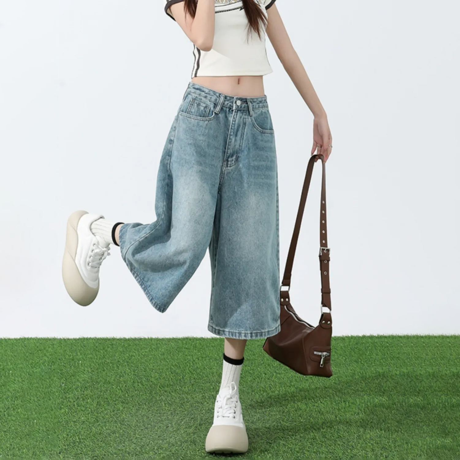 淺色七分牛仔褲女夏季薄款高腰顯瘦直筒大碼胖mm寬鬆7分闊腿中褲