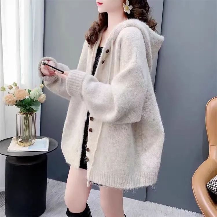 慵懶風百搭韓版寬鬆連帽針織開衫-Cicimode