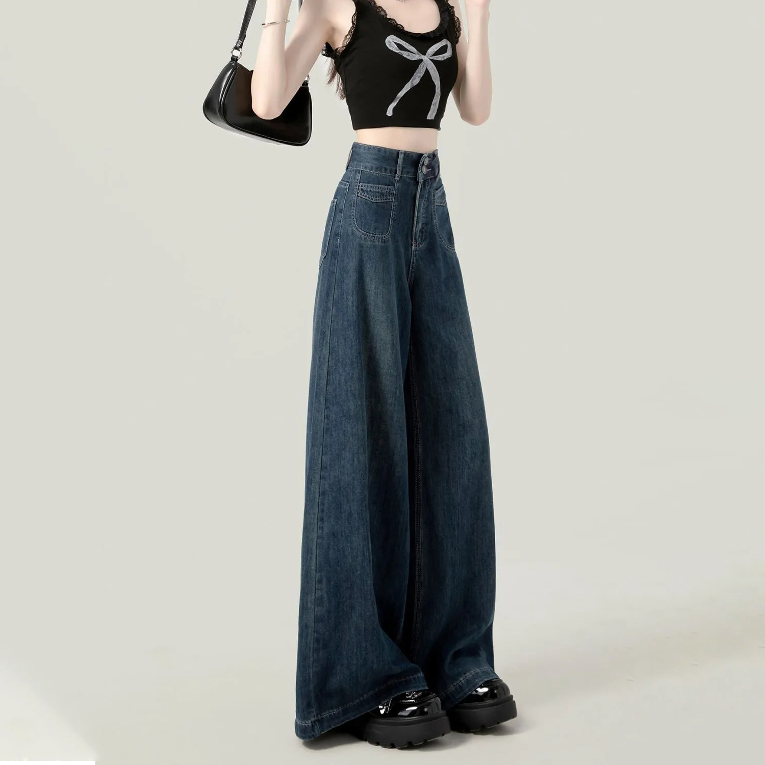 復古百搭寬鬆顯瘦深藍色高腰闊腿牛仔褲-Cicimode