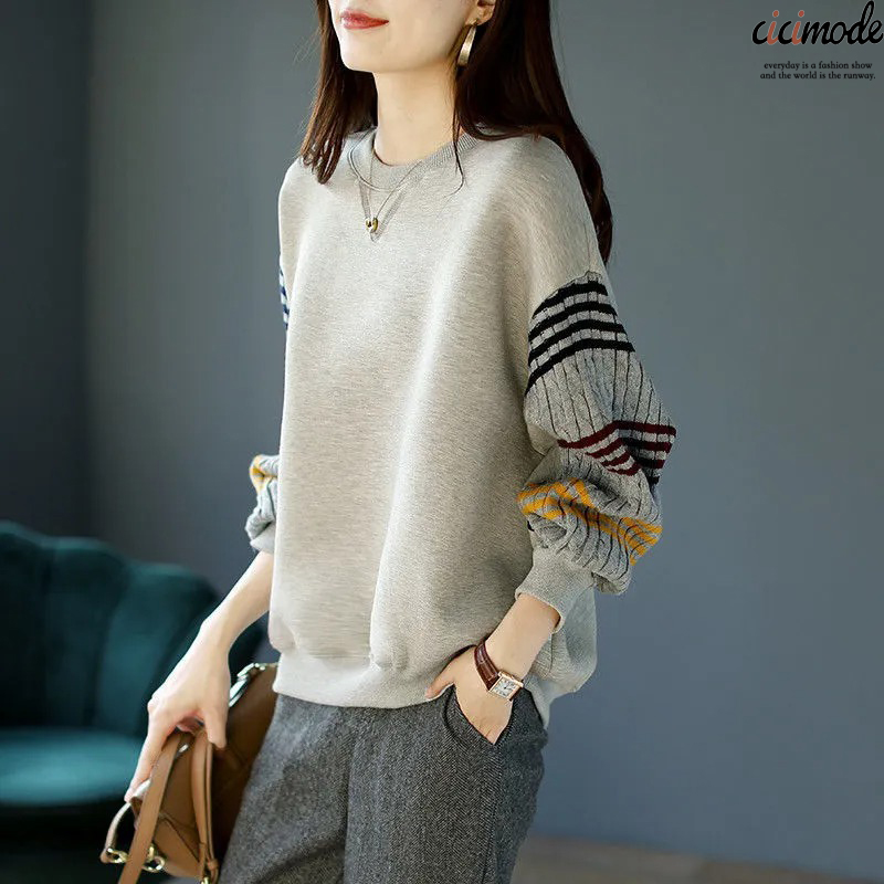 慵懶風寬鬆氣質休閒拼接套頭圓領衛衣-Cicimode