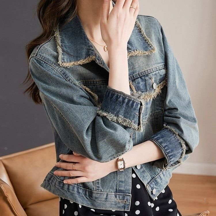 百搭設計感寬鬆顯瘦洋氣長袖毛邊牛仔外套-Cicimode