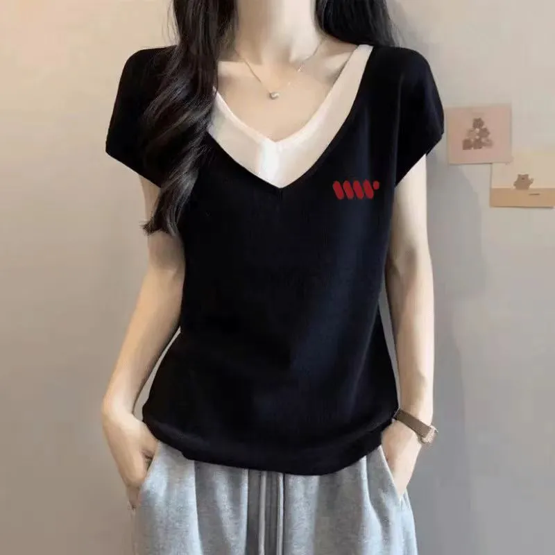 純棉多款式洋氣寬鬆大碼顯瘦V領假兩件短袖T恤-Cicimode