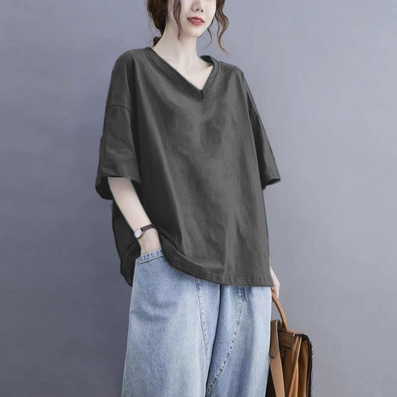 美式慵懶風設計感小眾純棉V領短袖t恤-Cicimode