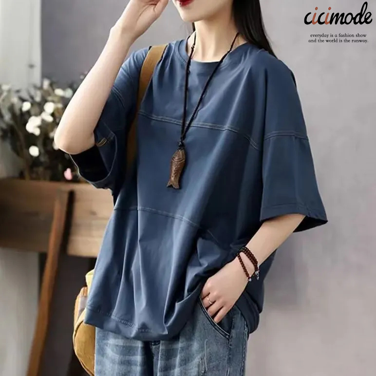 線條拼接寬鬆休閒復古顯瘦大碼短袖-Cicimode