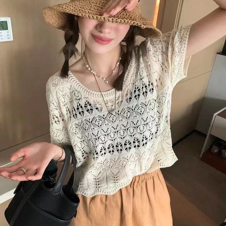 小香風鉤花鏤空清爽透氣設計感氣質百搭針織衫短袖