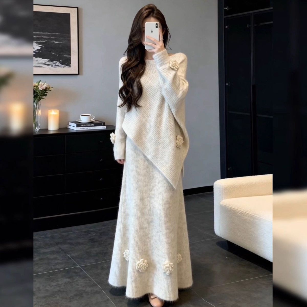 【整套】韓系溫柔風時尚氣質針織毛衣+高腰半身裙兩件套裝