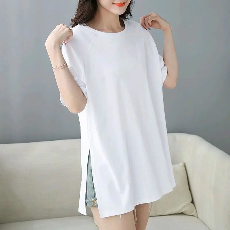 韓版寬鬆印花中長款兩邊開叉短袖T恤-Cicimode