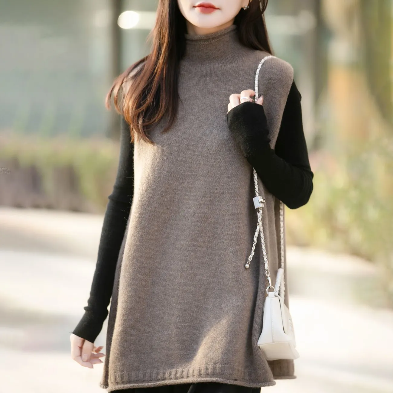 半高領中長版寬鬆疊穿背心百搭坎肩羊毛針織馬甲
