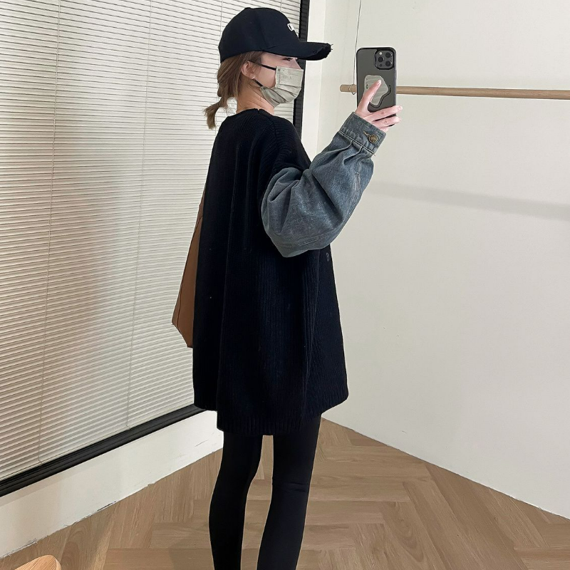 慵懶風百搭寬鬆牛仔袖拼接針織長袖-Cicimode