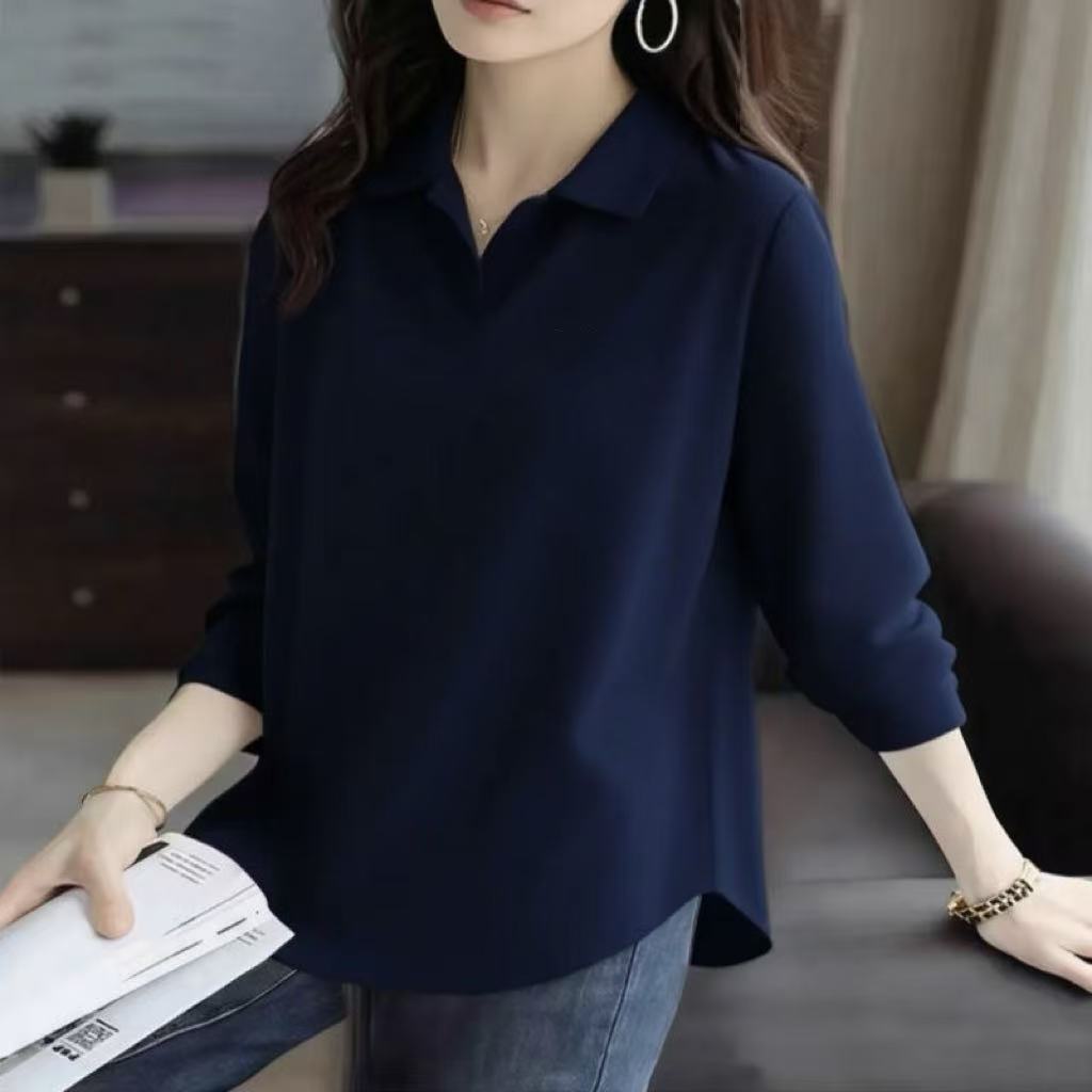 圓弧形下擺薄款Polo領簡約百搭棉質長袖T恤