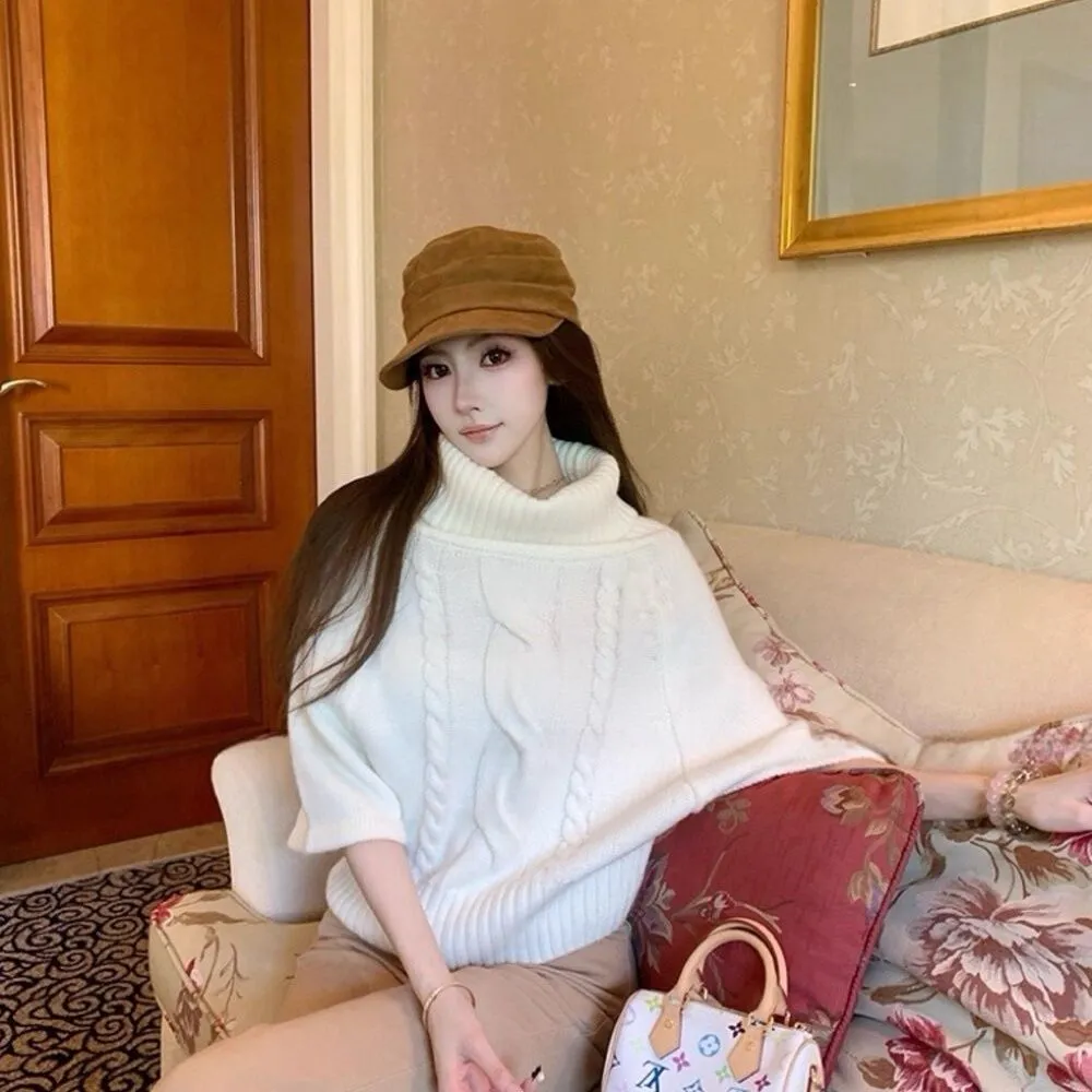 麻花斗篷氛圍針織衫復古寬鬆中袖高領毛衣-Cicimode