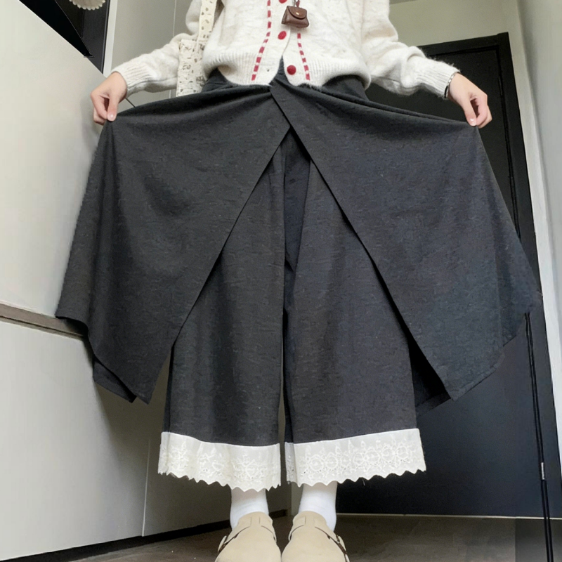 拼接蕾絲花邊百搭高腰寬鬆闊腿顯瘦A字裙褲