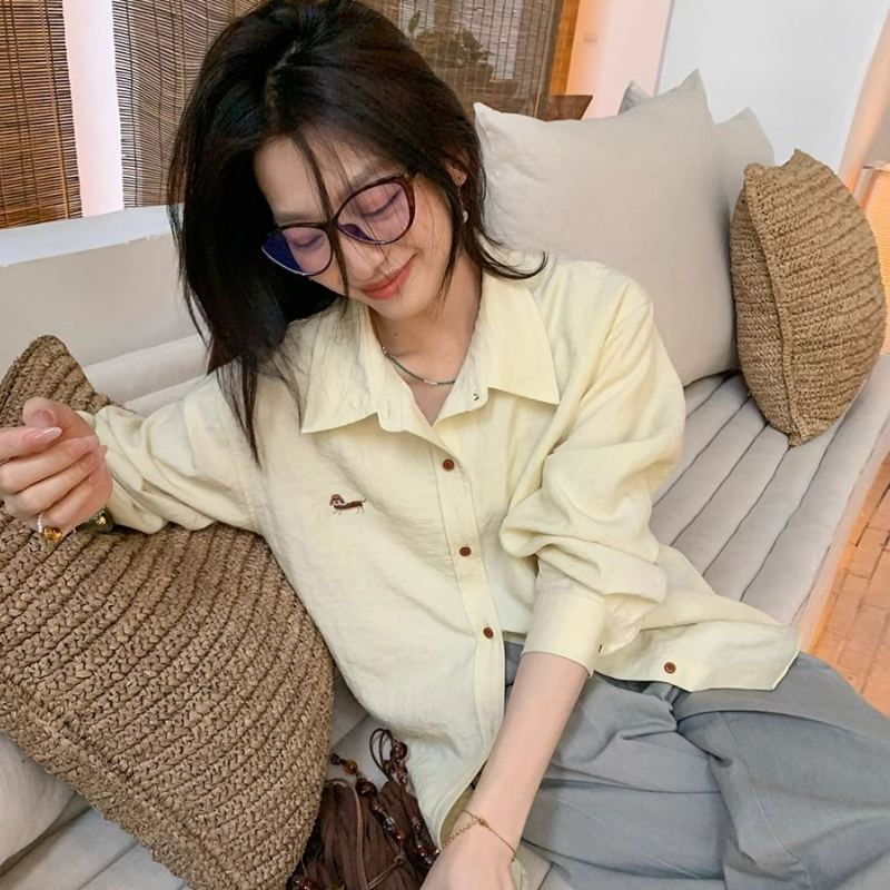 刺繡設計慵懶休閒百搭長袖氣質寬鬆襯衫