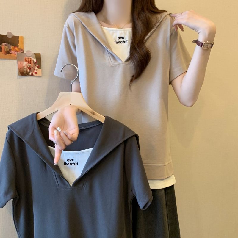 韓系休閒寬鬆翻領假兩件正肩短袖T恤-Cicimode