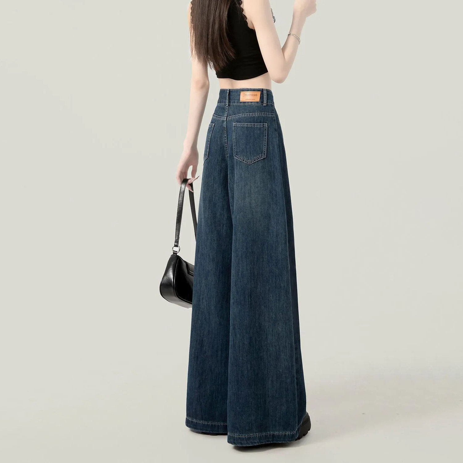 復古百搭寬鬆顯瘦深藍色高腰闊腿牛仔褲-Cicimode