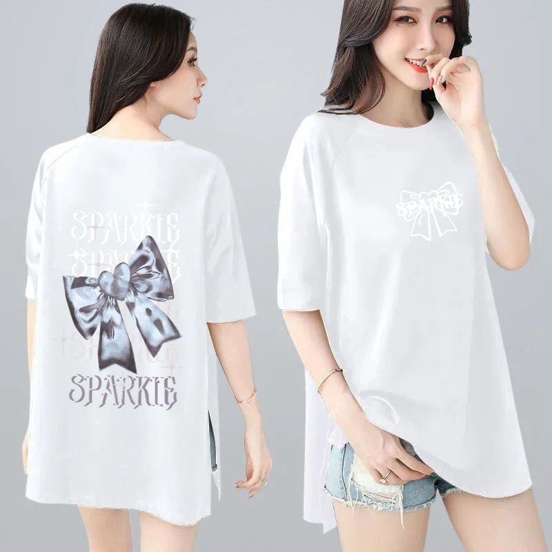 韓版寬鬆印花中長款兩邊開叉短袖T恤-Cicimode