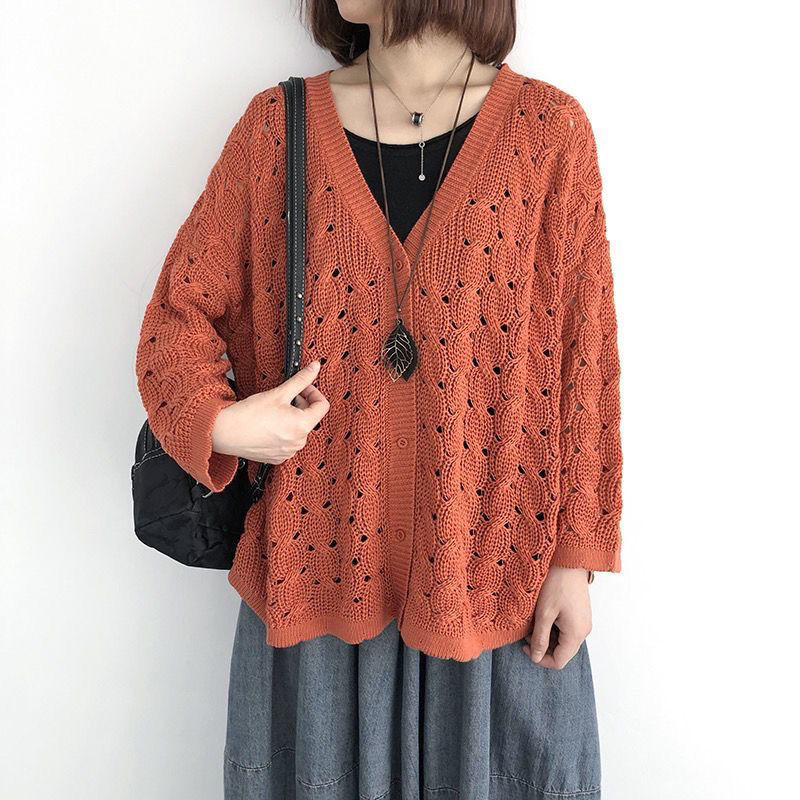 7色鏤空大碼顯瘦網眼長袖針織衫開衫-Cicimode