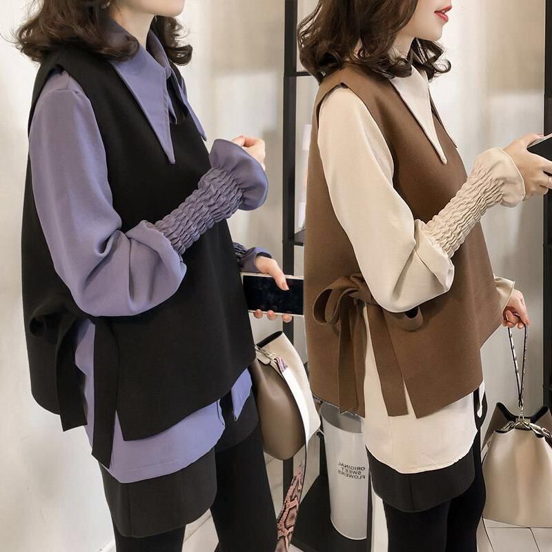 【整套】時尚休閒設計感馬甲+鬆緊袖口襯衫兩件套裝-Cicimode