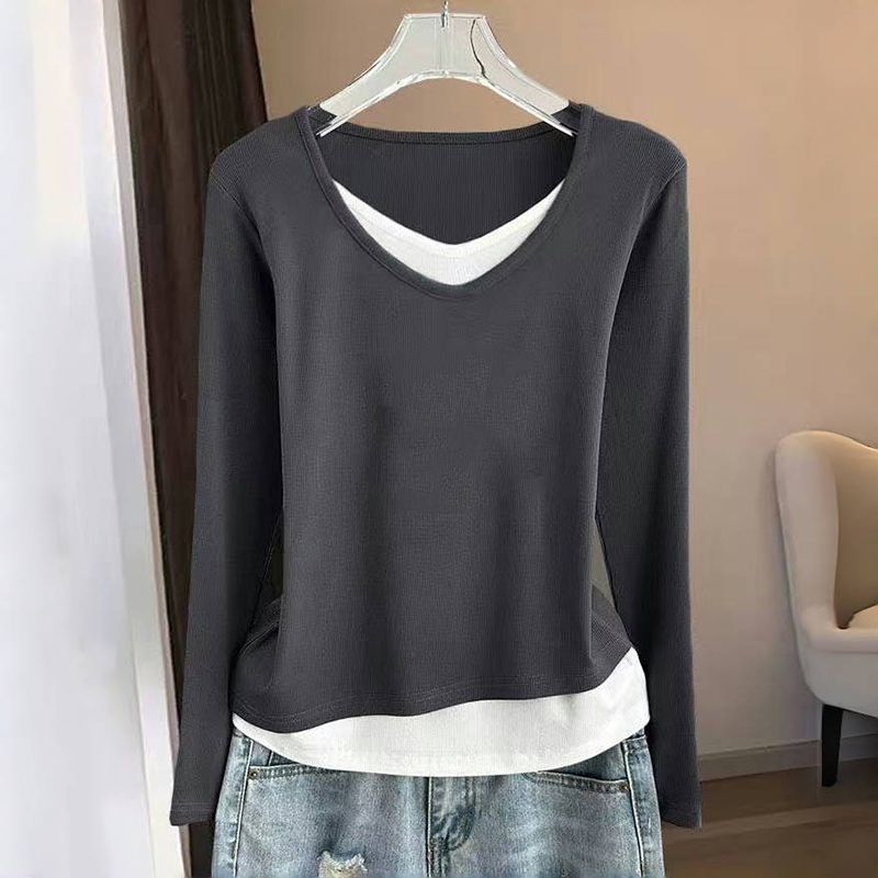 時尚顯瘦假兩件德絨撞色V領長袖T恤-Cicimode