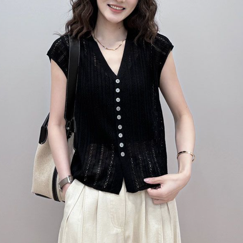 氣質涼感透氣時尚V領顯瘦針織設計感鏤空開衫-Cicimode