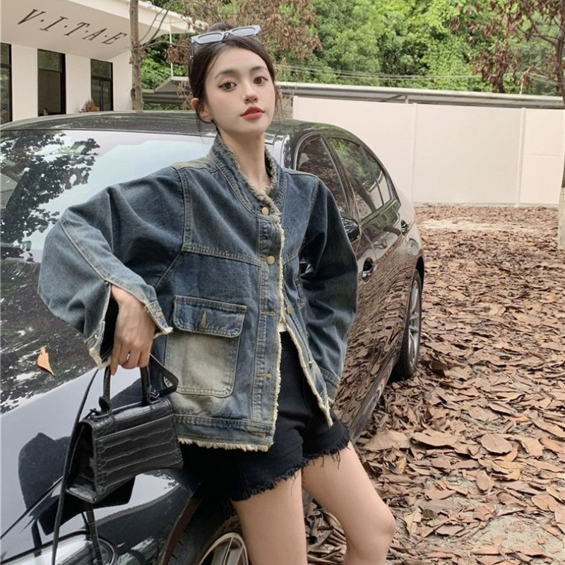 寬鬆顯瘦設計港風復古毛邊夾克水洗牛仔外套