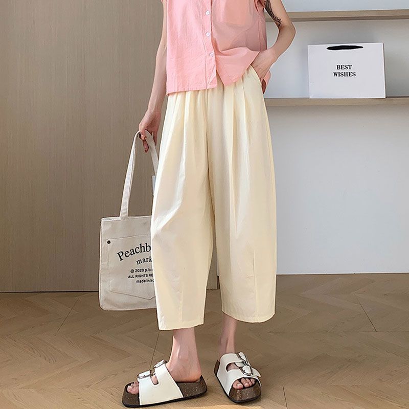 冰絲薄款休閒高腰寬鬆哈倫八分蘿蔔褲