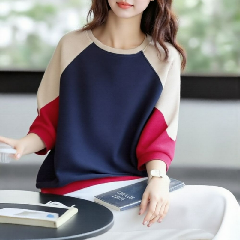 純棉寬鬆圓領文藝休閒五分袖大碼撞色t恤-Cicimode