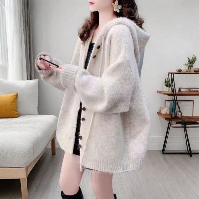 慵懶風百搭韓版寬鬆連帽針織開衫-Cicimode