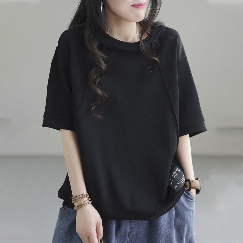 文藝純棉寬鬆復古圓領拼接短袖T恤-Cicimode