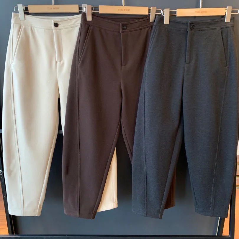 刷毛加厚高腰顯瘦蘿蔔褲休閒毛呢哈倫褲-Cicimode