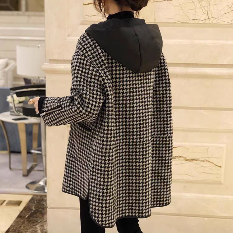 時尚寬鬆顯瘦連帽千鳥格中長毛呢外套-Cicimode