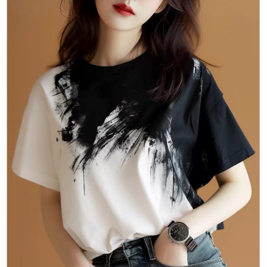 水墨黑白撞色暈染色計感圓領短袖T恤-Cicimode