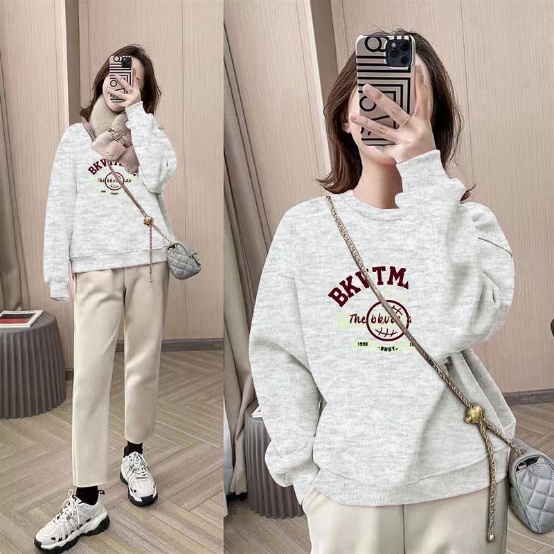 薄款oversize寬鬆印花圓領洋氣大碼長袖T恤