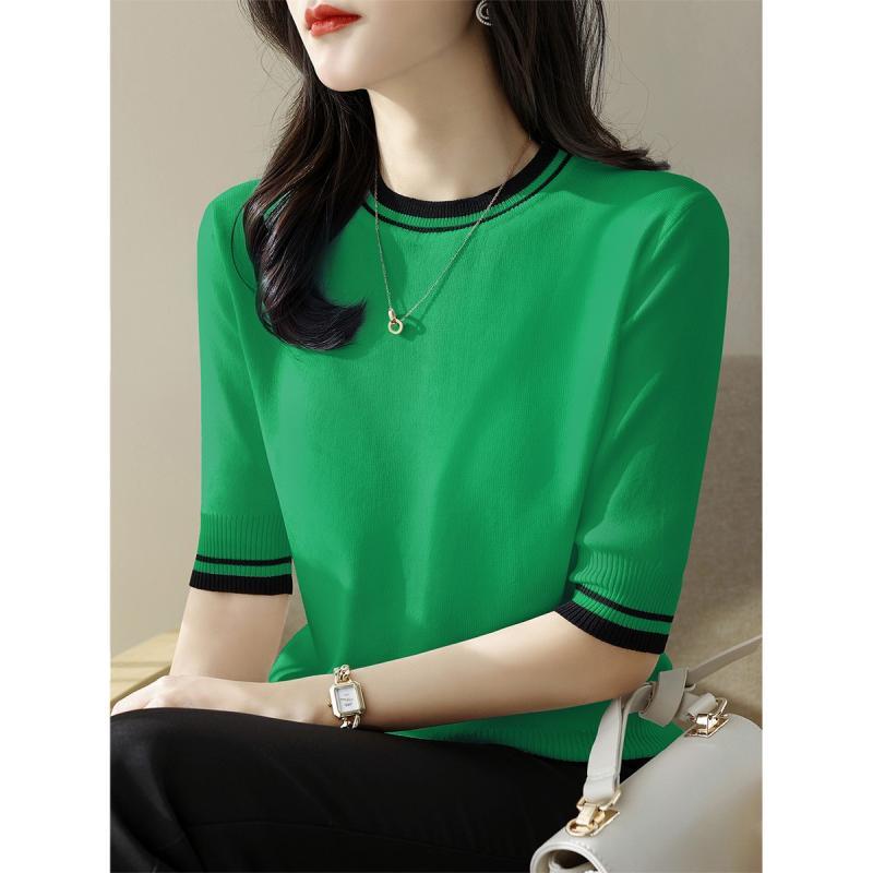 時尚百搭拼色氣質圓領冰絲針織短袖-Cicimode