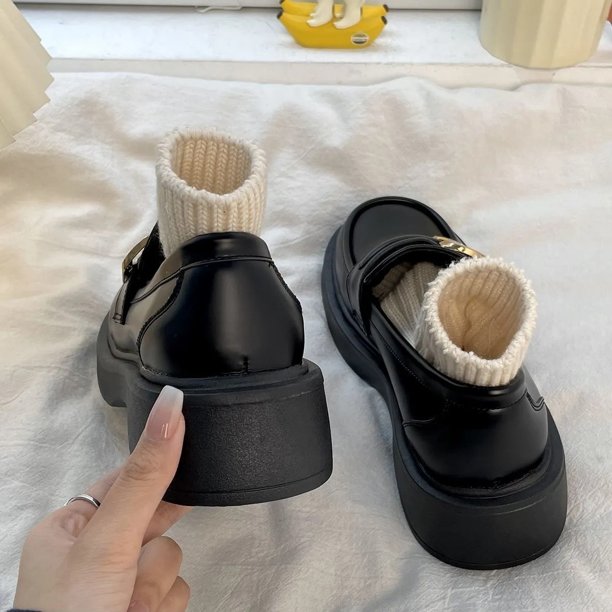 英倫風復古百搭厚底樂福鞋小皮鞋圓頭單鞋