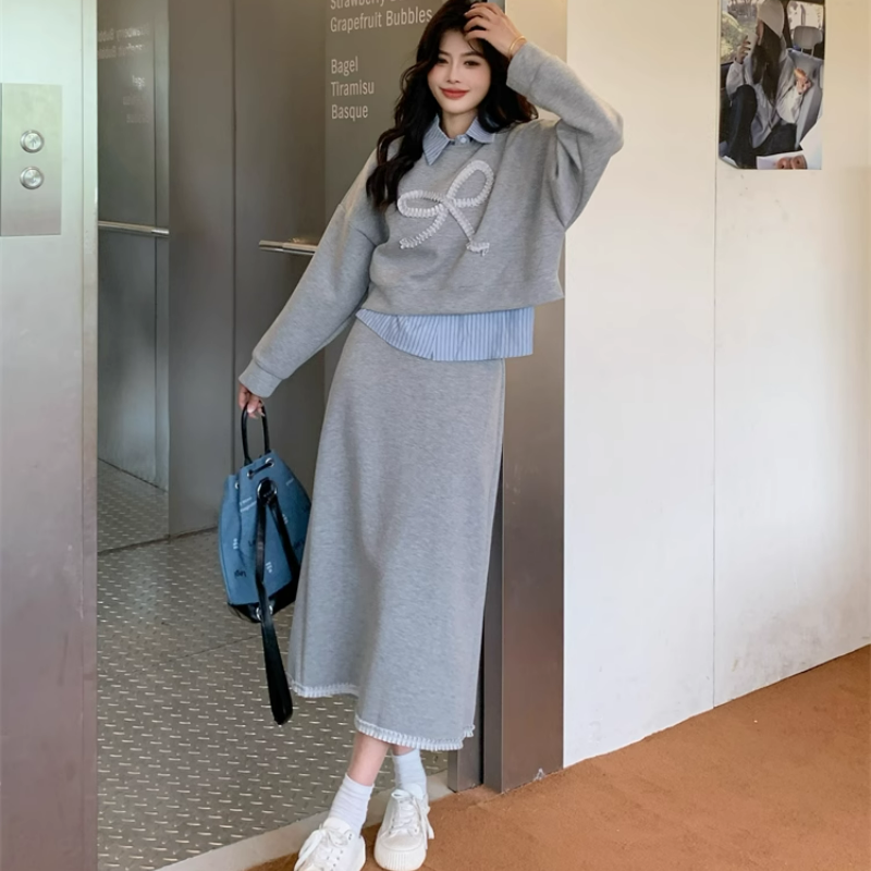 【整套】POLO領條紋拼接長袖衛衣+高腰包臀半裙兩件套裝-Cicimode