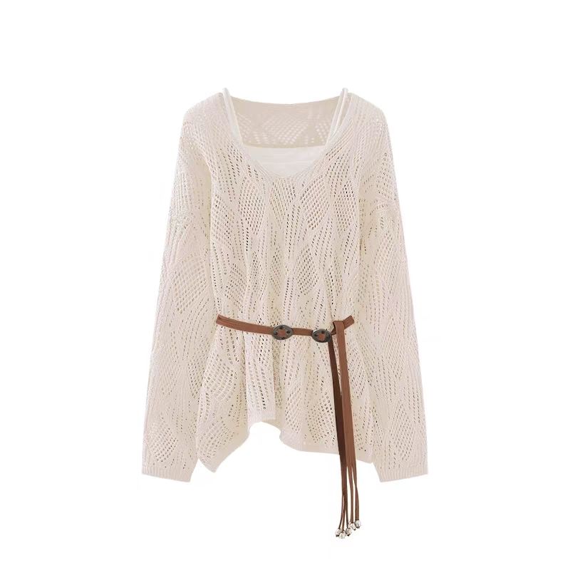 鏤空設計感純色菱形格慵懶風長袖針織罩衫-Cicimode