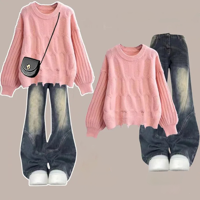 【單件/套裝】百搭設計感減齡毛衣+收腰牛仔褲兩件套裝-Cicimode