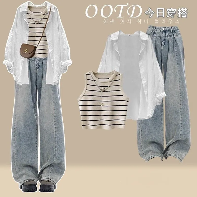 【單件/套裝】韓版時尚休閒氣質背心開衫牛仔褲三件套裝-Cicimode