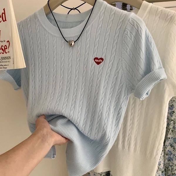 韓系麻花愛心刺繡軟糯針織薄款正肩短袖t恤