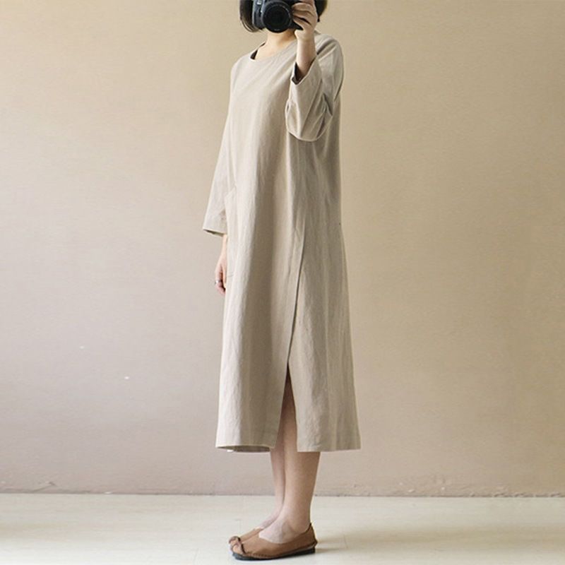 日系森女大碼中長款文藝長袖棉麻洋裝-Cicimode