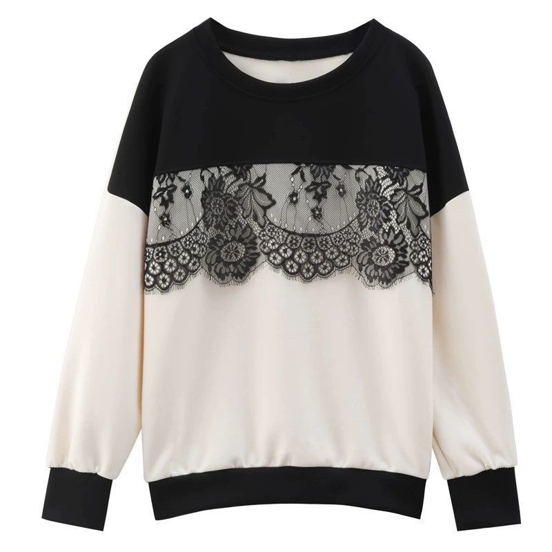 蕾絲拼接寬鬆圓領設計感撞色減齡長袖T恤-Cicimode