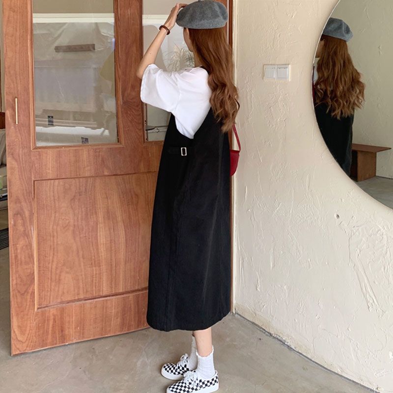 【單件/套裝】日系洋氣顯瘦減齡寬松遮肚背帶裙+印花短袖T恤兩件套