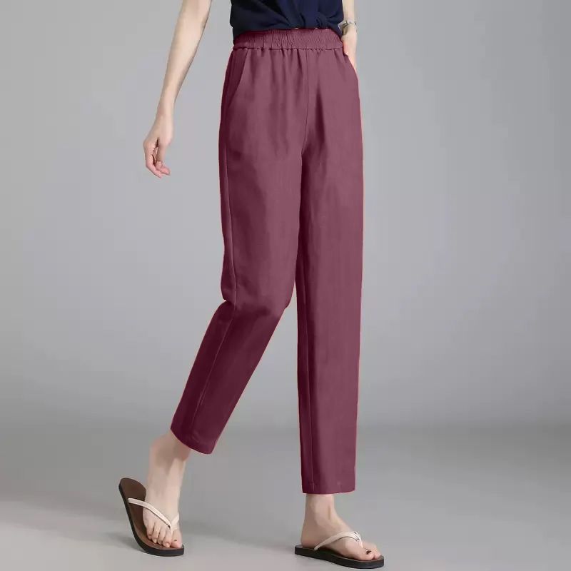 亞麻顯瘦休閒薄款冰絲高腰寬鬆九分哈倫褲-Cicimode