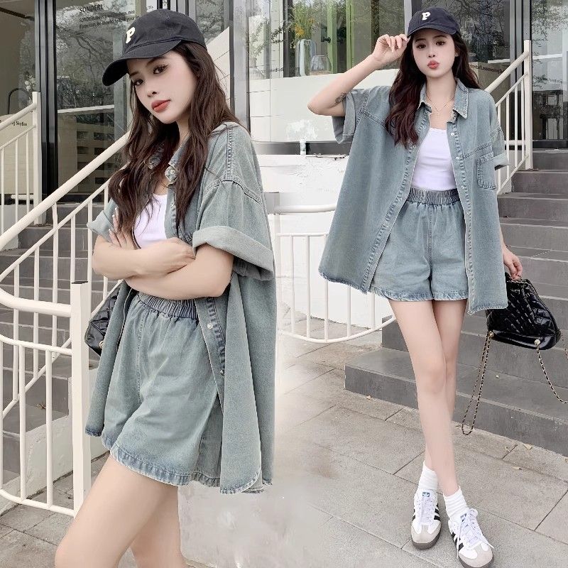 【单件/套装】时尚休闲宽松显瘦牛仔衬衫+松紧腰牛仔短裤两件套装