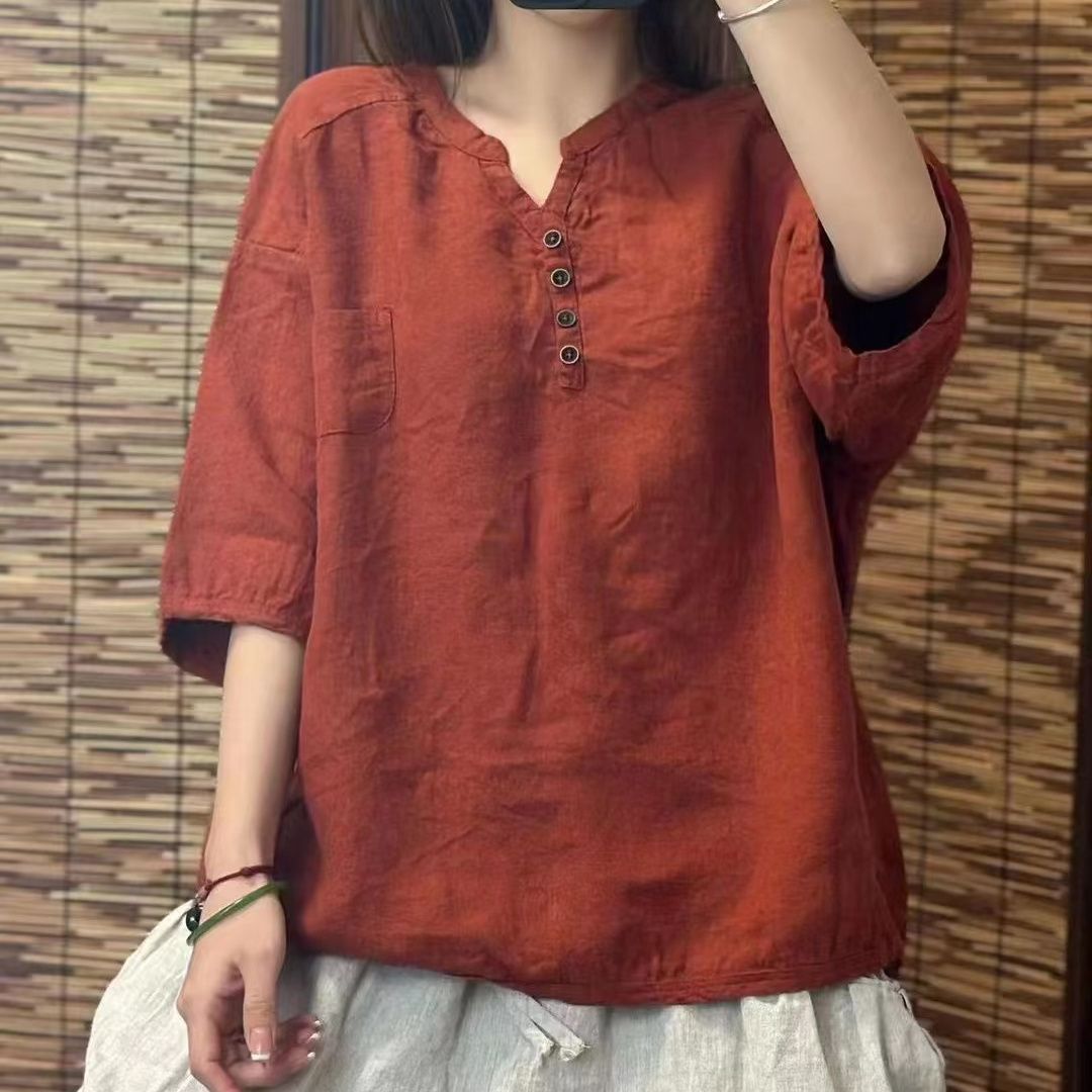 文藝棉麻寬鬆百搭顯瘦立領五分袖襯衫-Cicimode